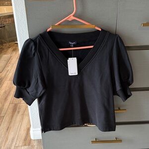 Splendid Black Puff Sleeve V-Neck Sweatshirt